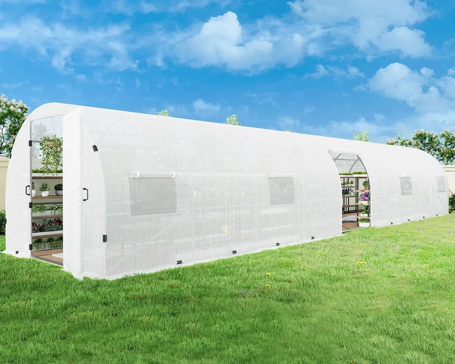 VanAcc 44x10x7.5 FT Tunnel Greenhouse for Outdoors Upgraded Swing Door, Heavy Duty Galvanized Steel Frame Walk in Greenhouse kit, Premium PE Cover & Film Clips