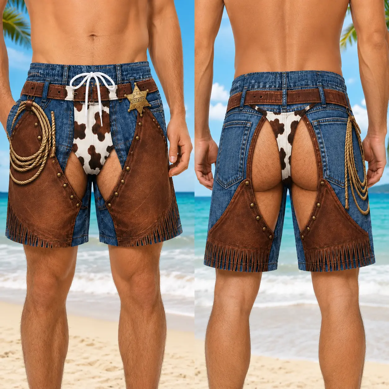 Men’s Western Cowboy Print Beach Shorts, Casual Summer Board Shorts, Resort Poolside Outfit, Father’s Day Gift for Dad