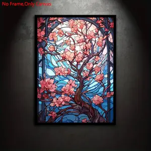 1 Piece/Set Frameless Canvas Painting Print Poster,Stained Glass Floral Classical Digital Art,Sakura Bloom,Perfect Gift for Japanese Culture Lovers,Ideal Gift for Bedroom,Study,Office,Living Room,Dorm Hallway,Kitchen,Mural,Wall Decoration,Room Decor