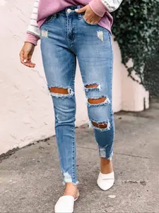 Plus Size Women's Washed Stretch Elastic Casual Ripped Skinny Jeans Fit, High Waisted Button Fly, All Seasons, Sexy Plain Denim Jeans Pants, Womenswear