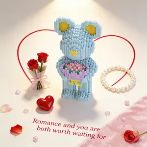 Blue Rose Bear 3D Puzzle Building Blocks Decoration, Bookshelf Home Office Cabinet Decor, Party Living Room TV Stand Display Gift, Building Block Figure, Building Blocks Model
