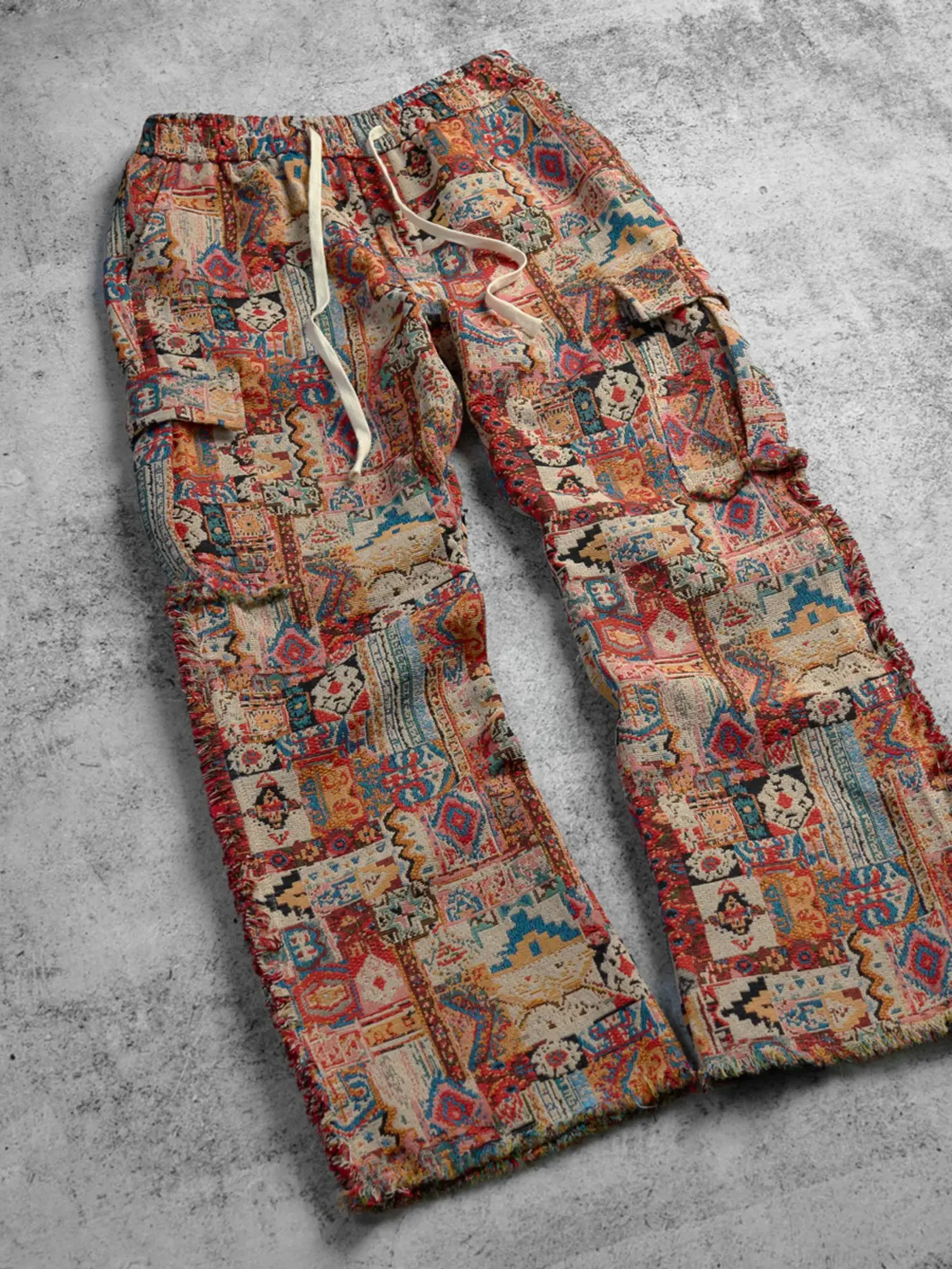 Ethnic Tribal Print Wide-Leg Oversize Pants, Boho Patchwork Baggy Trousers, Drawstring Waist Cargo Pants, Unisex Vintage Streetwear