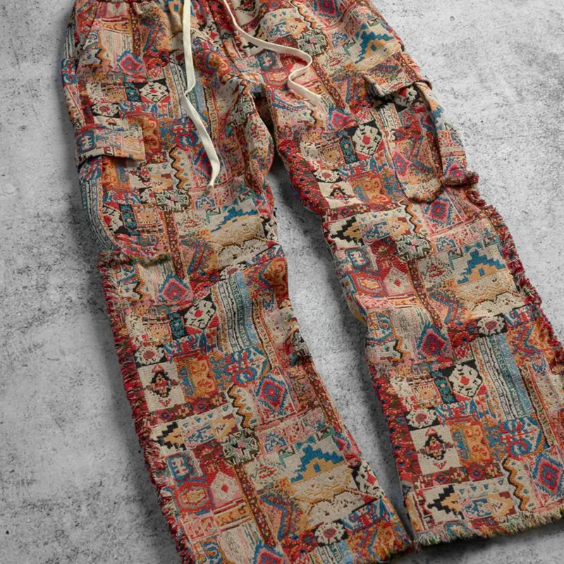 Ethnic Tribal Print Wide-Leg Oversize Loose Fit Pants, Boho Patchwork Oversized Baggy Trousers, Drawstring Waist Cargo Pants, Unisex Vintage Streetwear