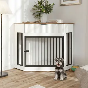 Bellemave 44.6'' MDF Corner Dog Crate Furniture, Decorative Kennel End Table with Fluted Drawer Storage for Small/Medium Dogs, Modern Space-Saving Cabinet for Indoor Home Décor