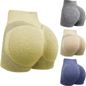 4 Pieces Women Workout Yoga Shorts, High Waist Impact Shorts Scrunch Butt Lifting Gym Shorts Running Biker Volleyball Shorts for Women Seamless Shorts -Khaki/Gray/Blue/Yellow (L/XL)