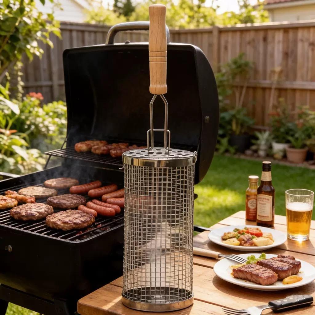 Upgraded 2PCS Nesting Grill Baskets w/ Removable Wooden Handles – 304 Stainless Steel BBQ Veggie & Shrimp Set, Portable Outdoor Camping Cookout Gear, Ideal Gift for Dad Husband