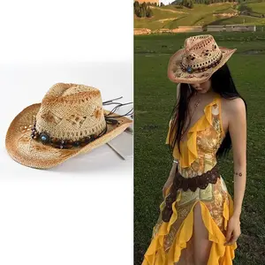 Vintage Hollow Out Roman Style Cowboy Hat, Bohemian Design With Beaded Band, Built-in Adjustable Drawstring, Breathable Sun Hat For Women