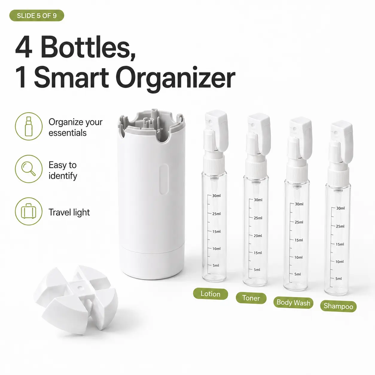 4-in-1 Travel Dispenser Bottle Set - Leak-Proof Refillable Toiletry Containers with Pump, Squeeze Design - Portable Organizer for Shampoo, Lotion, Cosmetics - Carry-On, Vacation Use