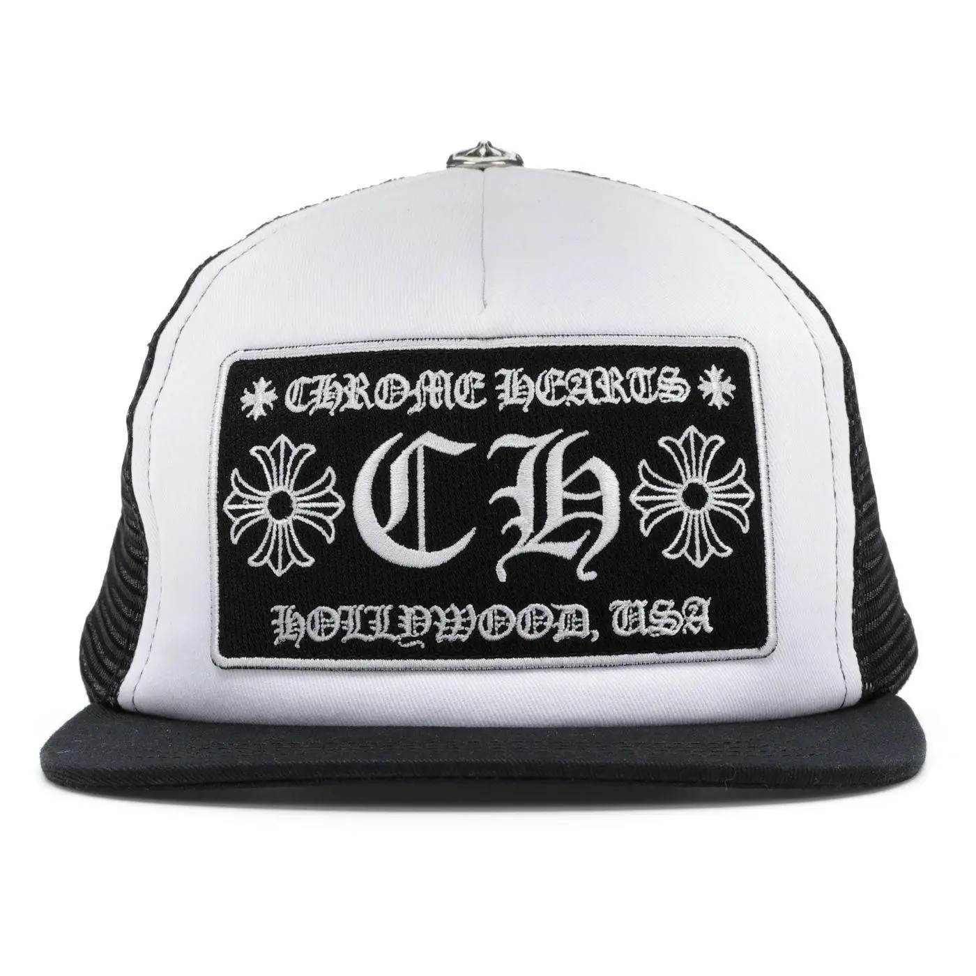 Gothic Cross Trucker Hat for Men & Women, Black and White Embroidered Mesh Snapback Cap, Adjustable Biker Rock Baseball Hat for Streetwear & Casual Outdoor Style