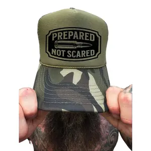 TheDriveClothing Prepared Green Camo Hat – Foam Trucker Cap, Curved Bill Snapback, 5 Panel High Crown Mesh Back Hat, Black Print Unisex Streetwear Cap