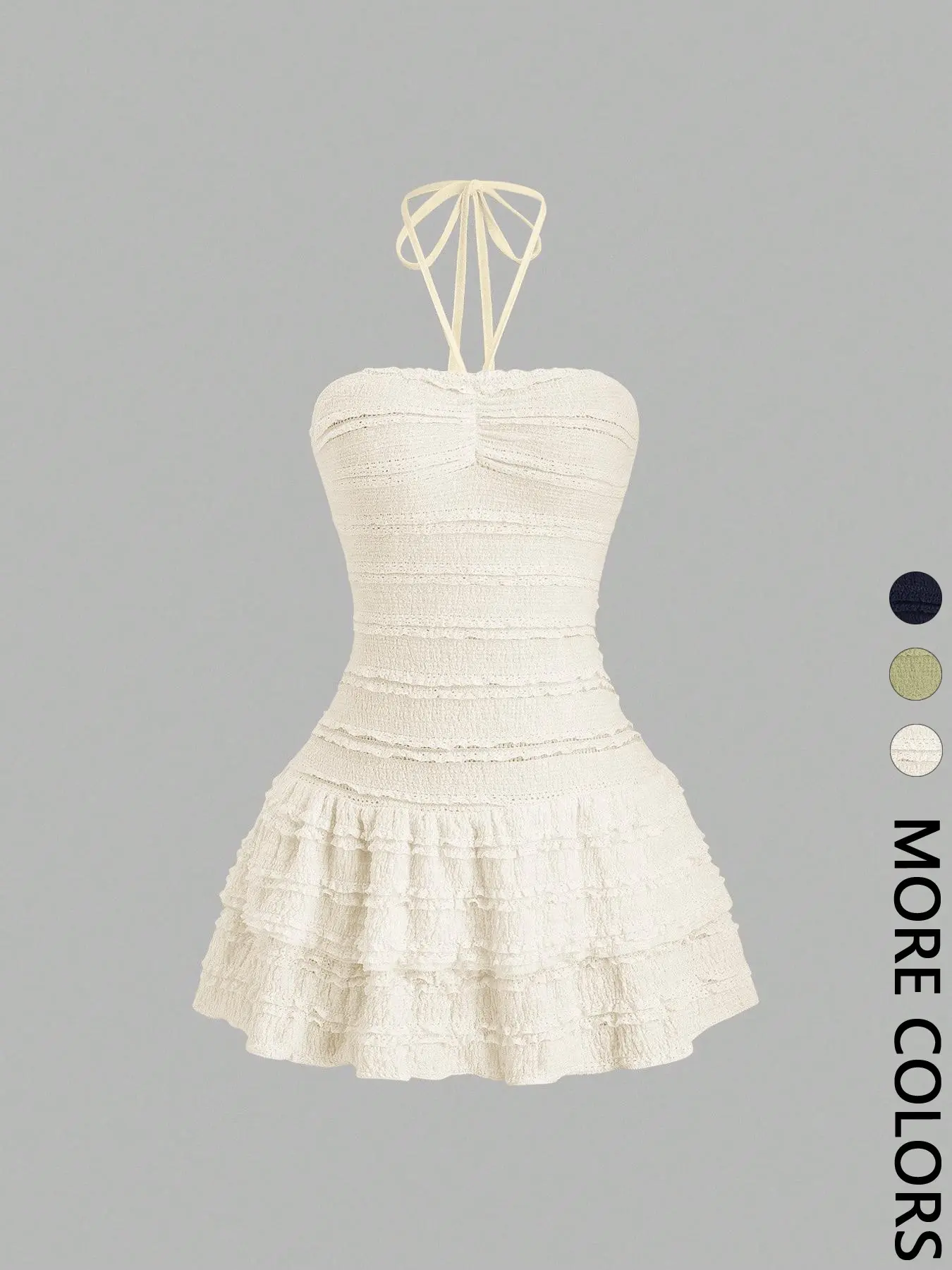 Women's Textured Smocked Mini Dress, Lady, Halter Tie Neck, Ruched Bust Detail, Multi-Layer Ruffled Tiered Women's Textured Smocked Mini Dress, Lady, Halter Tie Neck, Ruched Bust Detail, Multi-Layer Ruffled Tiered