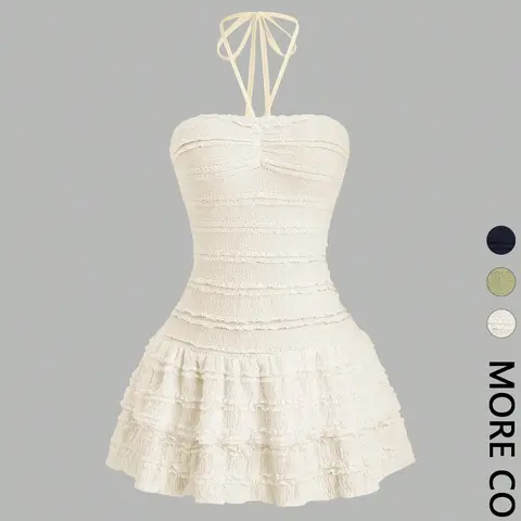 Women's Textured, Smocked, Pleated, Pleats Striped Sleeveless Mini Dress, Halter Tie Neck, Ruched Bust Detail, Ruffled Tiered Hem, Frill Ruffle Design, Stretchy Knit Fabric, Adjustable Tie Straps, Date Night, Cocktail Party, Summer & Vacation Wear