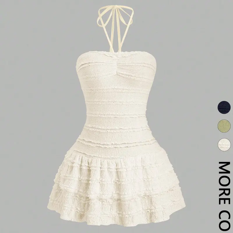 Women's Textured, Smocked, Pleated, Pleats Striped Sleeveless Mini Dress, Halter Tie Neck, Ruched Bust Detail, Ruffled Tiered Hem, Frill Ruffle Design, Stretchy Knit Fabric, Adjustable Tie Straps, Date Night, Cocktail Party, Summer & Vacation Wear