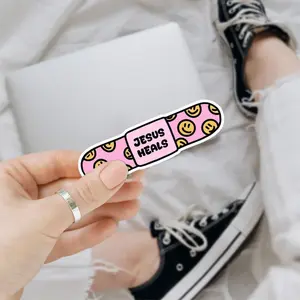 3-piece healing sticker set, pink smiley face Christian decals, faith corner healing stickers, Bible verse vinyl stickers, suitable for water bottles, laptops, journals, 3 inches