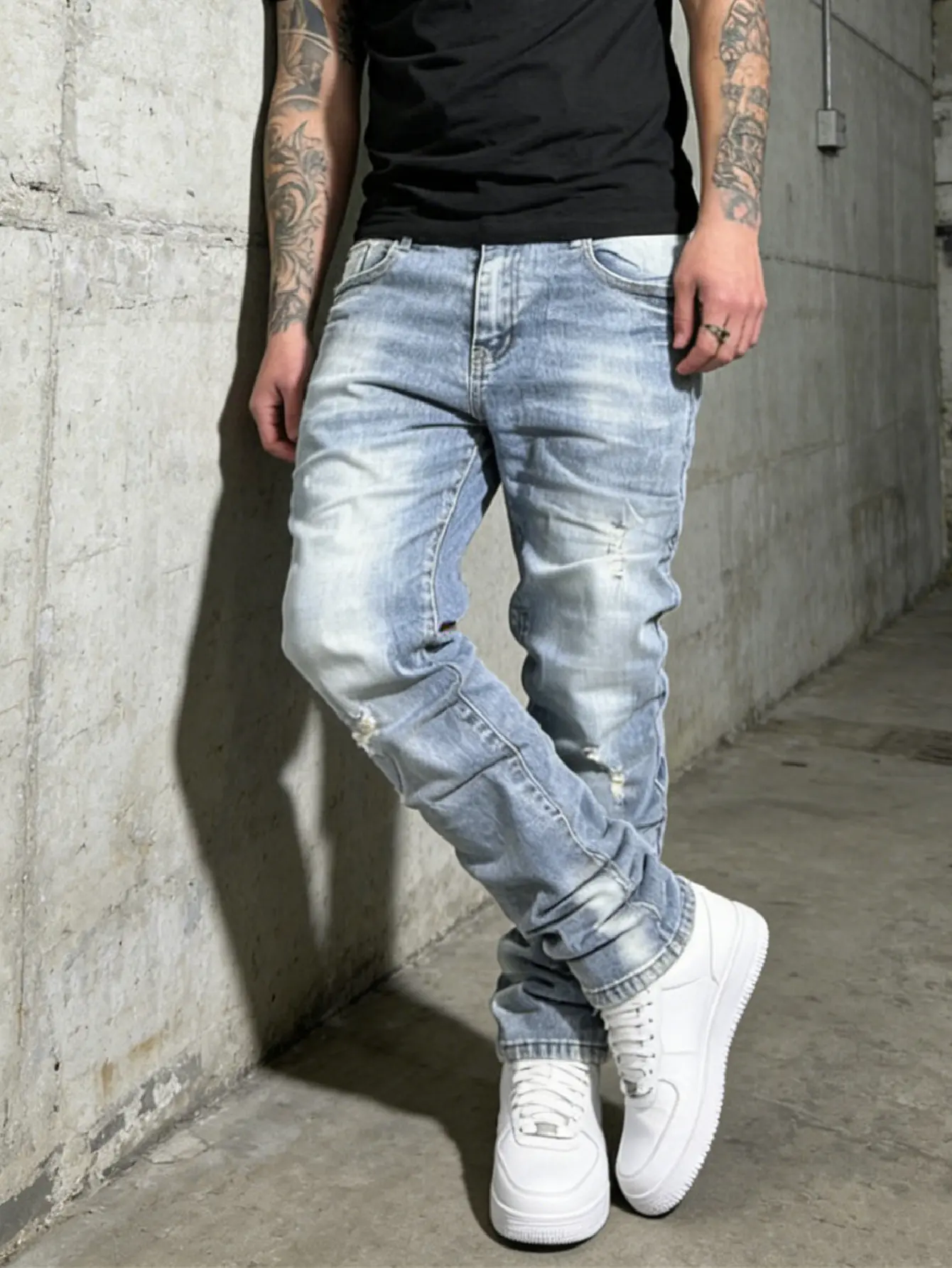 Men's Stylish Holes Distressed Straight Slim Jeans Vintage Blue Ripped Men Denim Pants Streetwear Menswear Classic Midrestock