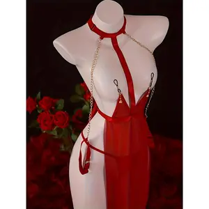 Women's Plus Size Red Lingerie Set- Sheer Mesh Bodysuit with Golden Chain Straps, High Elasticity No-Remove Design, Perfect for Couples' Date Nights and Birthday Gifts, Romantic Nightwear, Sexy Lingerie, Elegant Lingerie, Highelastic Fabric