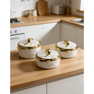 Marble-patterned luxury insulated cookware 3-piece set, made of stainless steel, with lid, large capacity, suitable for family gatherings, outdoor dining, and buffets, can hold both hot and cold food, comes with storage box