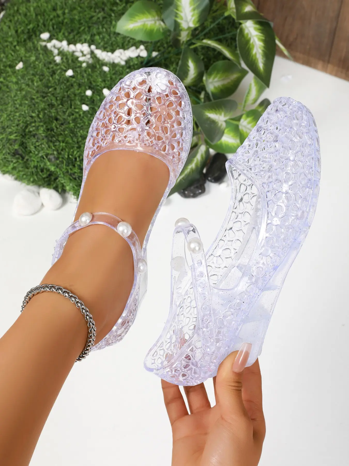 Women's Summer Transparent Hollow Out Pearl Anklet Sandals, Casual Fashion Versatile Shoes, Perfect for Beach and Summer Wear, Summer Footwear