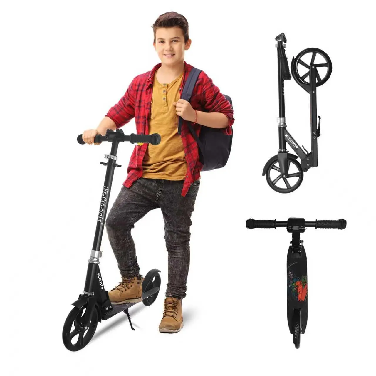 Foldable Kick Scooter for Teens & Adults, Adjustable Handlebar Anti-Shock Large PU Wheels Lightweight Urban Commuter Scooter