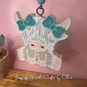 Highland Cow Freshie - White Highland Cow Design with Colorful Accents and Sparkly Finish -