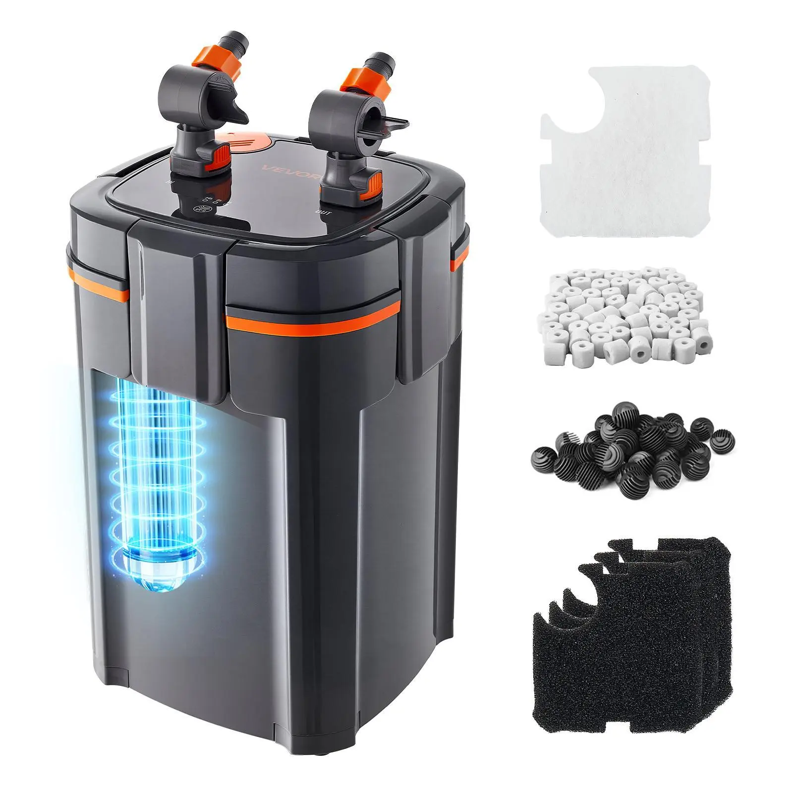 VEVOR 396GPH Canister Filter, 4-Stage External Aquarium Filter with Timed Light, Powerful Pump, Water Circulation Cleaning with Media for Large Fish Tanks & Aquariums Up to 125 Gallons, for Freshwater#BackToSchool