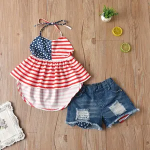 4th of July Short Set for Girls, American Flag Pattern Tank Top and Denim Shorts, Spring and Summer Independence Day Outdoor Outfit