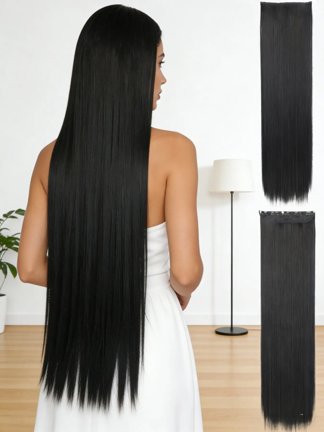 Five Card Wig Pieces One Piece Long Straight Hair Wig Pieces High Temperature Fiber Invisible Seamless Wig Extensions Artificial Hair Extension Synthetic Hairpiece Clip On Hairpieces