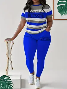 Plus Size Casual Spring & Summer Pants Set, Color Block Crew Neck Short Sleeve Top & Solid Color Pocket Pants Outfits, Women's Plus Size Clothing