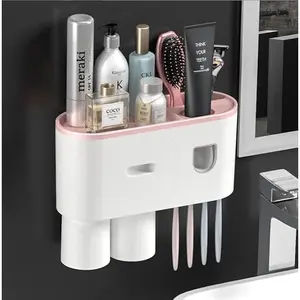 Toothbrush Holder for Bathroom 2 Cup Wall Mounted with Automatic Toothpaste Dispenser Large Capacity Tray, Cosmetic Drawer Bathroom Decor & Bathroom Accessories and Organization (2 Cup Pink)
