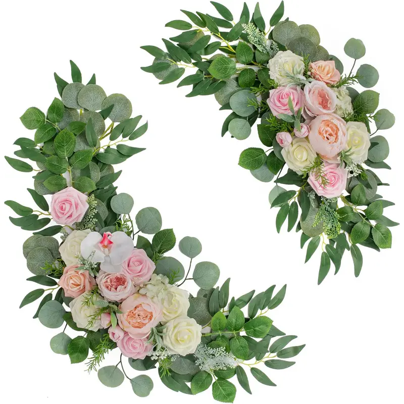 2-piece set of green leaf and pink artificial arch floral decorations, Elegant artificial plants, featuring a main flower composed of powder blusher peony, pink, and milky white roses, paired with vines, for wedding backdrops and home decorations