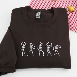 Vintage Dancing Skeletons Embroidered Halloween Sweatshirt – Fun Spooky Design with Five Skeleton Dance Moves, Cozy Unisex Fall Pullover, Perfect Halloween Party Outfit or Spooky Season Gift