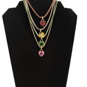 Stainless Steel Tennis Heart Pendant Necklace with Multicolor Beaded Strands for Women's Fashion Jewelry