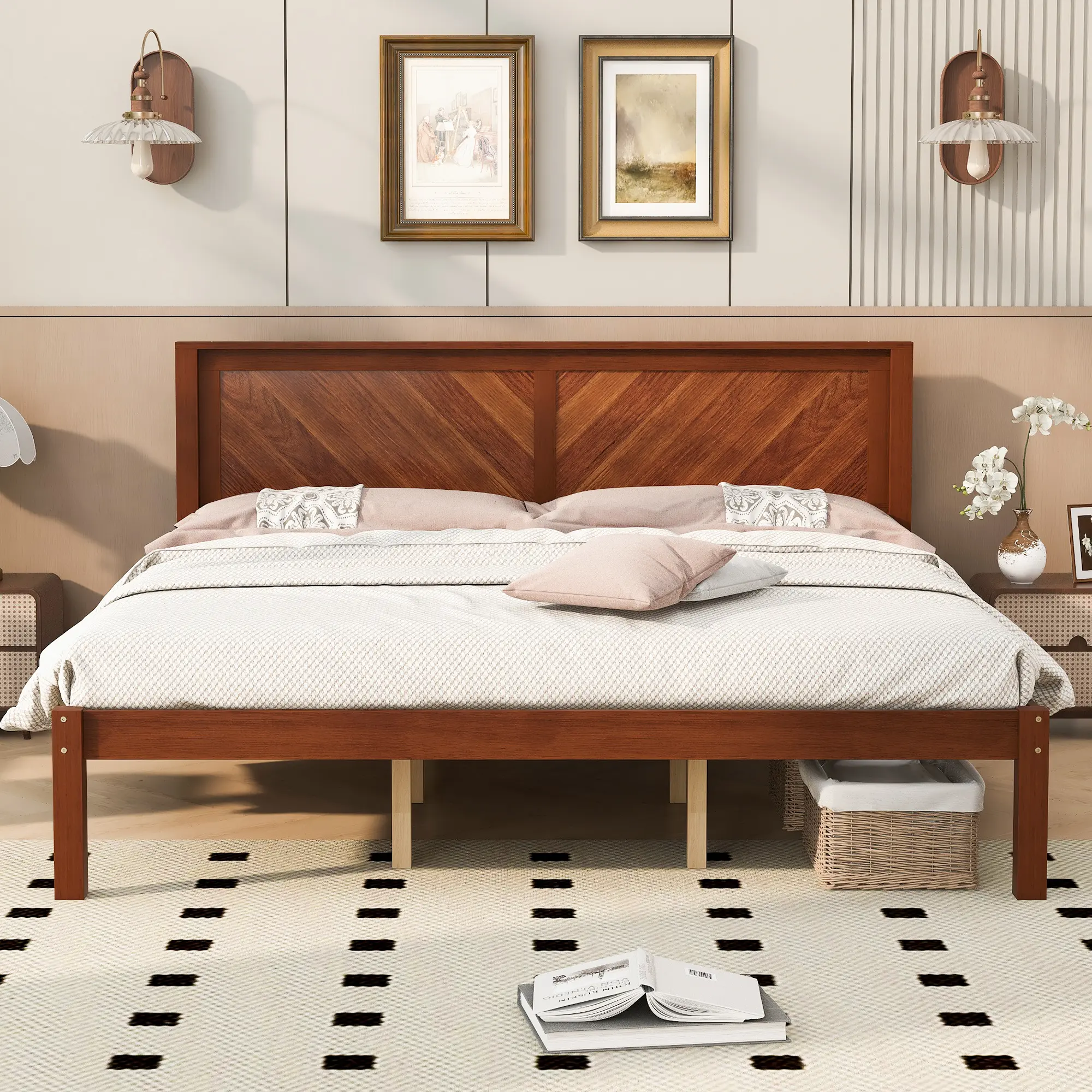 King Size Solid Wood Platform Bed Frame with Herringbone Wood Headboard, Farmhouse Chevron Panel Bed, Under Bed Storage Clearance, No Box Spring Needed, Sturdy Support Legs, Walnut Finish