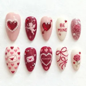 Valentine Press On Nails, Cupid Charms, Pearl Heart Nails, Valentine’s Day Nail