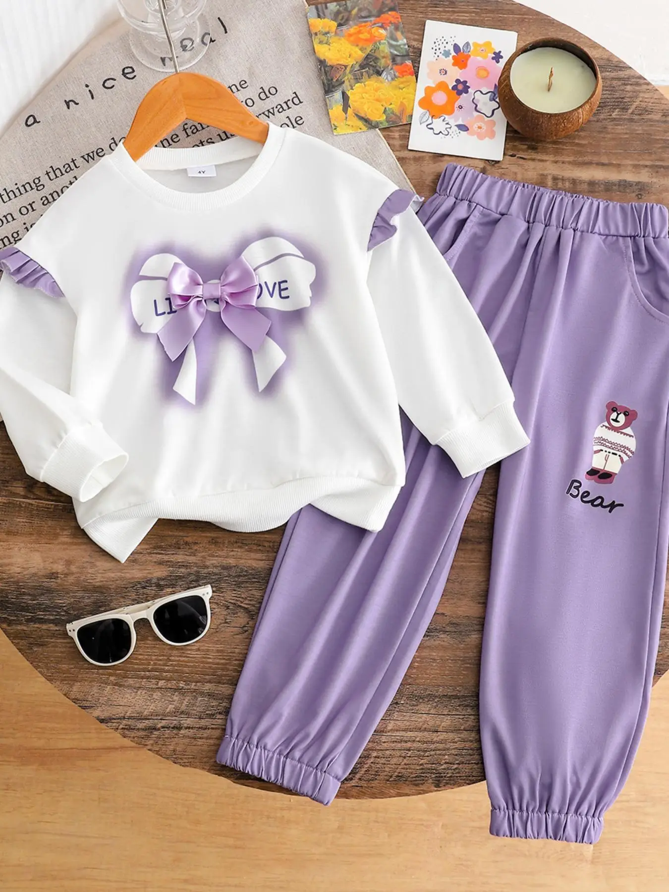 Girl's Bow Print Sweatshirt & Elastic Waist Pants Set, Cute Long Sleeve Round Neck Pullover & Trousers for Spring & Fall, Kids Clothes for Daily Wear