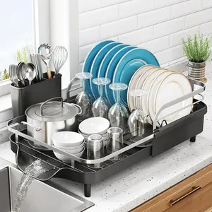 Expandable Dish Drying Rack for Kitchen Counter, Stainless Steel Dish Drainer with Drainboard Set and Utensil Holder (Black)