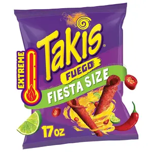 Takis Fuego 17 oz Fiesta Size Bag, Hot Chili Pepper & Lime Flavored Extreme Spicy Rolled Tortilla Chips
