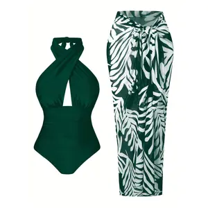 New Plus Size Sunscreen Two-piece Set with Green Color And White Print, Paired with Casual Swimming And Vacation Swimsuit for Women