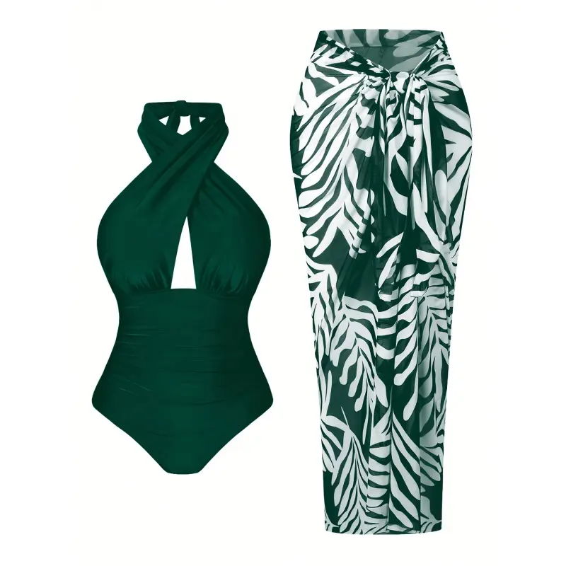 New Plus Size Sunscreen Two-piece Set with Green Color And White Print, Paired with Casual Swimming And Vacation Swimsuit for Women