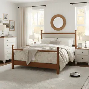 [Bellemave] Wooden Platform Bed Frame with Upholstered Headboard, Vintage Style, No Box Spring Needed, Easy Assembly