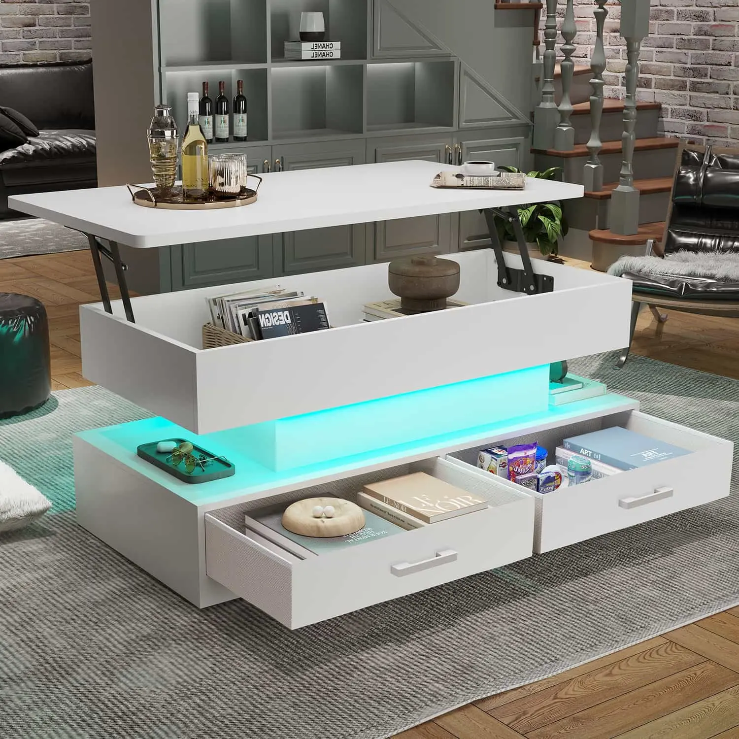 Sikaic 40 Inch White Lift Top Coffee Table with 2 Drawers and LED Lights, Modern Coffee Table with Hidden Storage for Living Room
