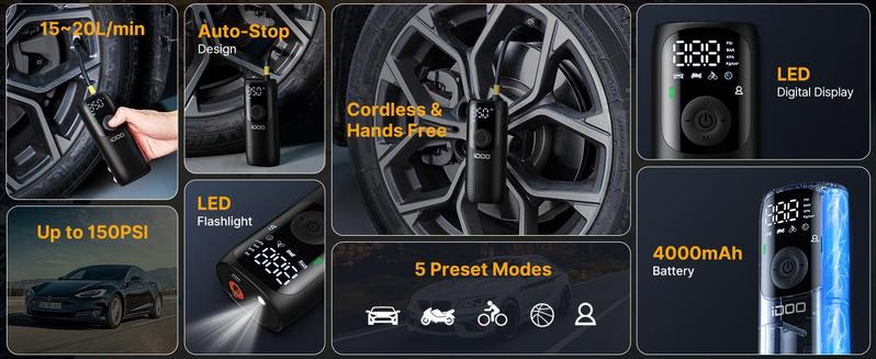 iDOO 150PSI Air Compressor, Portable Cordless Air Pump, Universal Car Tire Inflator Pump for Car Motorcycle Bicycle,Car Accessories,Tire Inflator Tool