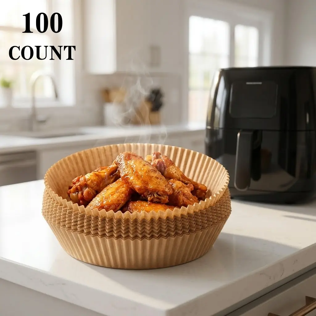 100 Pcs Disposable Round Air Fryer Parchment Liners - Non-Stick, Oil-Proof, Waterproof Wood Pulp Paper for Meal Prep, Home Baking Supplies, Baking Tools, Bakeware & Toss-Away Cleanup Kitchen Essential