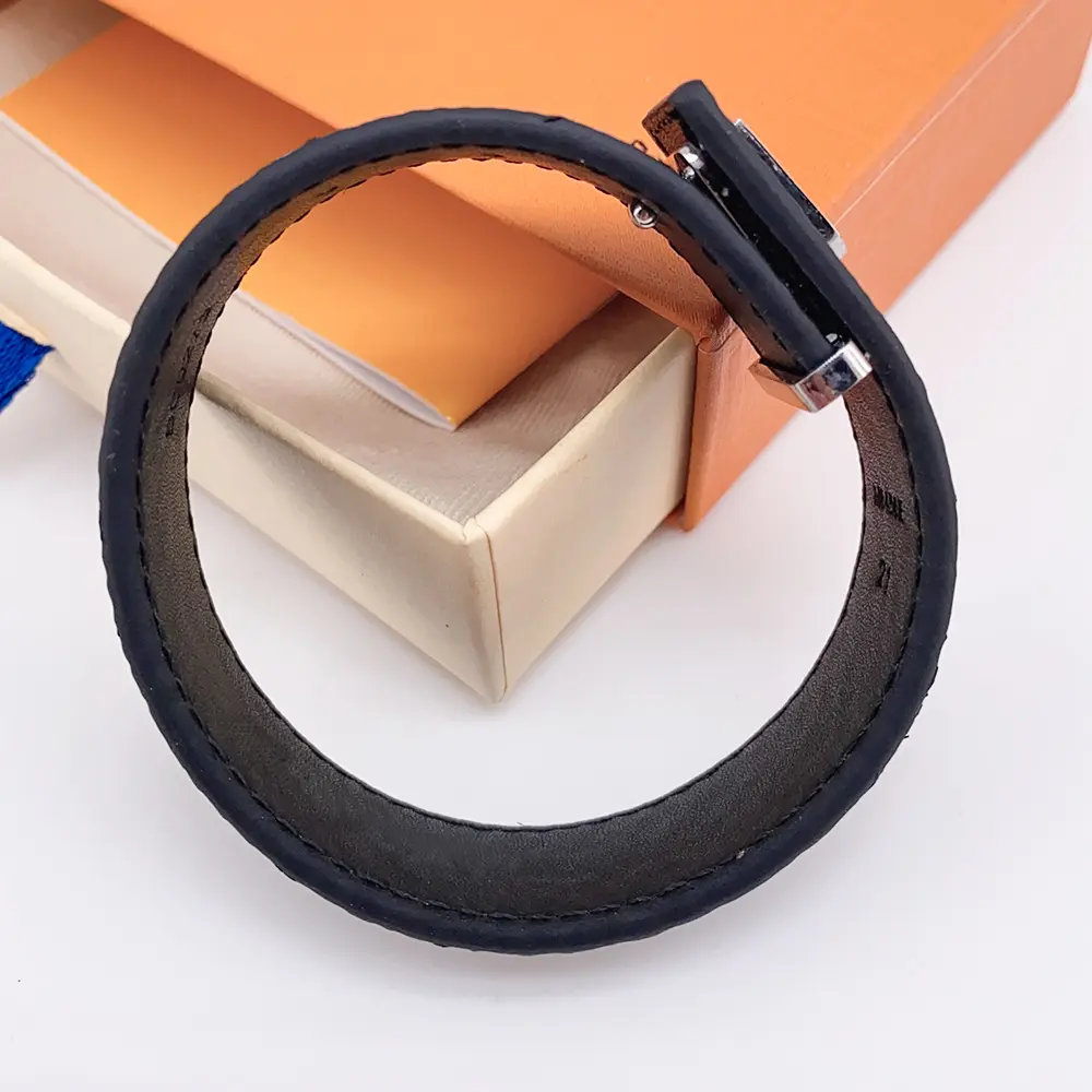 Luxury Designer Leather Bracelet, Unisex Titanium Steel Buckle Bangle 21cm, Fashion Men Women Wrist Jewelry with Gift Box, Adjustable Strap Wristband