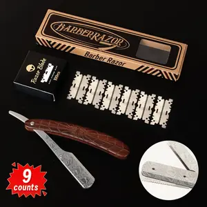 Men's Professional Straight Razor Set, 9 Counts/set Including 1 Counts Razor Handle & 6 Counts Blades & 1 Counts Blade Protector & 1 Counts Strop, Safety Razor Set for Men