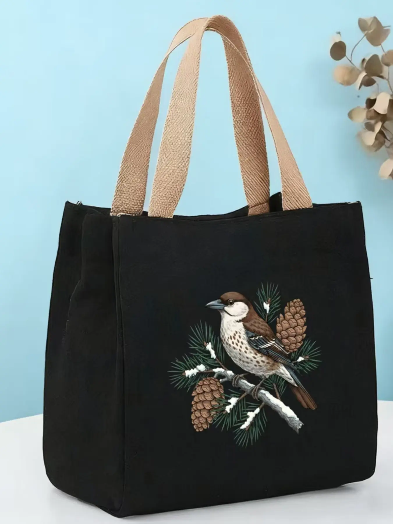 Canvas Tote Bag, Winter Bird Print, Pinecone Design, Vintage Rural Shopping Bag, Eco-Friendly, Large Capacity, Durable, Gift for Nature Lovers