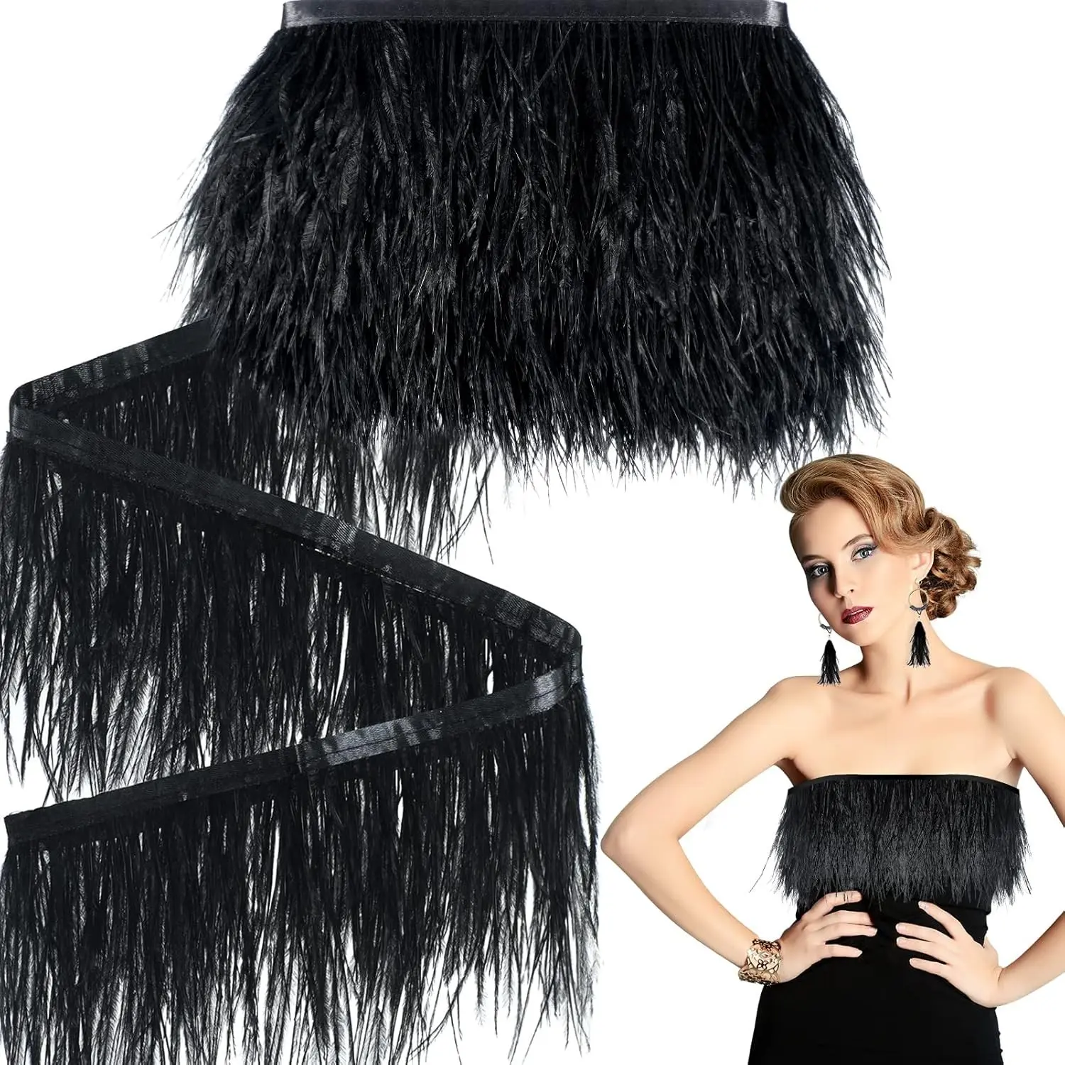 10 Yards Black Ostrich Feathers Trims 3-4 Inch Feathers Fringe Trim Ribbon for DIY Dress Sewing Crafts Halloween Costumes Accessories