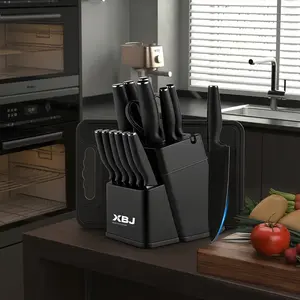 15-piece stainless steelknife set with built-in sharpener. Includes kitchenknives, a chef's knife, a Japanese knife, a meatcleaver, a bread knife, a steak knife, a utility knifea paring knife, and scissors. Kitchenware Block CuttingWood Container Wooden