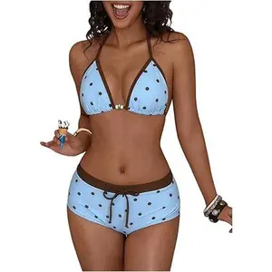 Women's 2-Piece High-Waisted Boy Short Bikini Set - Retro Polka Dot Triangle Halter Swimsuit, Tummy Control, Active Coverage