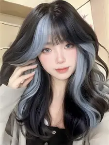 Black Wig with Blue Highlights, Wavy Ombre Wig, Ombre Wavy Wigs, 16 Inch Medium Long Curly Hair Band, Bangs, High Temperature Fiber, Suitable for Daily Use Cosplay